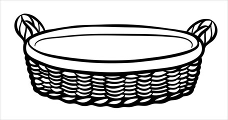 A hand-drawn wicker picnic basket or vegetable basket. A black and white basket with a handle made of twigs.