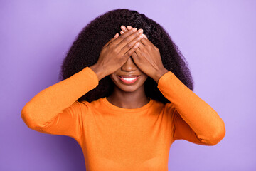 Portrait of pretty funny cheerful wavy-haired girl closing eyes guess who isolated over purple violet pastel color background
