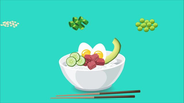 Hawaiian Poke Bowl with tuna and vegetables. Video menu design. Animation of ingredients are poured into bowl