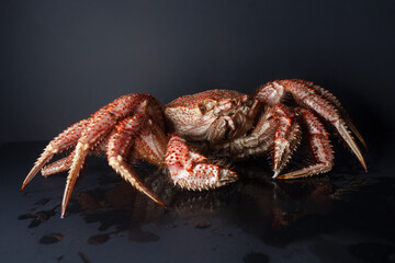Icy hairy crab laying on the black table and slate board, close up side view.