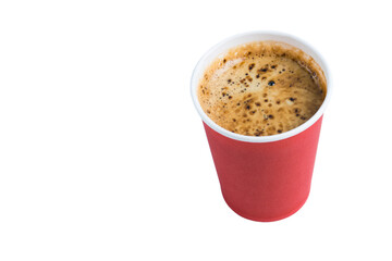 Coffee to go in paper red glass without lid isolate on white background, copy space from left