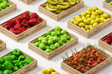 Wooden box with vegetables and fruits for sale. The concept of seasonal fruits and vegetables, healthy diet. 3d rendering