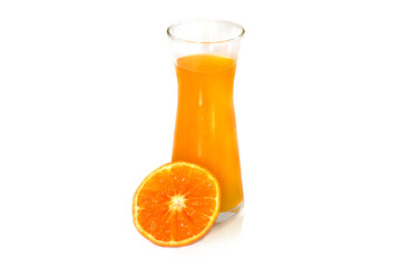 A glass of orange juice with half slice of fresh orange isolated on white background, Concept for refreshment beverage high vitamin C.