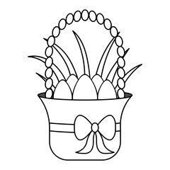 Basket with Easter eggs. Sketch. Grass underlay. Vector illustration. Coloring book for children. Doodle style. This wicker basket with a bow is filled with eggs. Light Easter. 