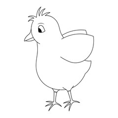 Chick. Nice hairstyle. The chick flaps its wings. Sketch. Vector illustration. Coloring book for children. The baby hen is ready to fly. Outline on white isolated background. Doodle style. 