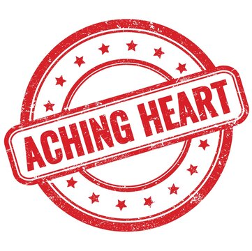ACHING HEART words written on red round vintage stamp.