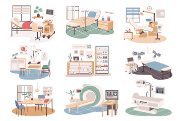 Medical Center isolated scenes set. Cabinets of therapist, ophthalmologist, dunstit. Therapy ward, mri, x-ray, pharmacy. Bundle of modern interiors. Vector illustration in flat cartoon for web design