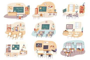 Lessons at school isolated scenes set. Classrooms of chemistry, geography, biology, math, english, history, astronomy. Bundle of modern interiors. Vector illustration in flat cartoon for web design