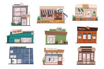 Restaurants or shops facades isolated scenes set. Building of office centre, mall, pizzeria, hypermarket, clothing store. Bundle of modern exteriors. Vector illustration in flat cartoon for web design