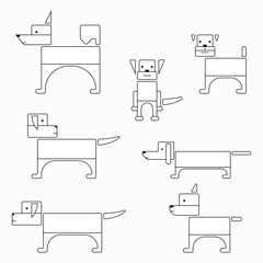 Linear icons of cute dogs. Pets. Laika, Airedale terrier, on an isolated white background. Vector stock illustration