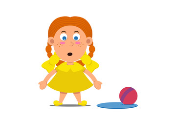Cute cartoon little girl in yellow dress with freckles and red hair with bows. Kid character isolated on white background. Amazement children with ball in water. Vector illustration