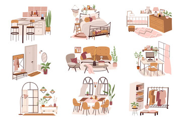 Different rooms at home isolated scenes set. Kitchen, bedroom, hallway, living room, wardrobe. Furniture and decorations. Bundle of modern interiors. Vector illustration in flat cartoon for web design