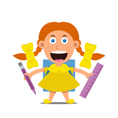 Cute cartoon little girl in yellow dress with freckles and red hair with bows. Kid character isolated on white background. Happy smile children goes to school in first grade. Vector illustration