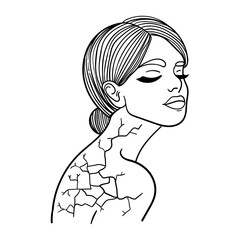 Art portrait of a girl black contour isolated on white background, with cracks, kintsugi, stock vector illustration for design and decor, print, template, banner