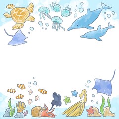 優しいタッチの海の生き物イラストフレーム