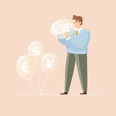 Money bubbles. Man inflates a balloon. Vector illustration. Business, finance, investment, broker, money, speculation, trading, dollar, euro, yuan, 
volatility, inflation, bear market.