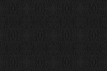Volumetric convex black background. Ethnic African, Mexican, Indian style. 3d texture with a pattern of simple geometric shapes for wallpaper, presentations, stained glass, textiles.