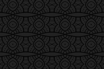 Geometric volumetric convex black background. Ethnic African, Mexican, Indian style. 3d texture from a traditional national pattern for wallpaper, presentations, stained glass, textiles.