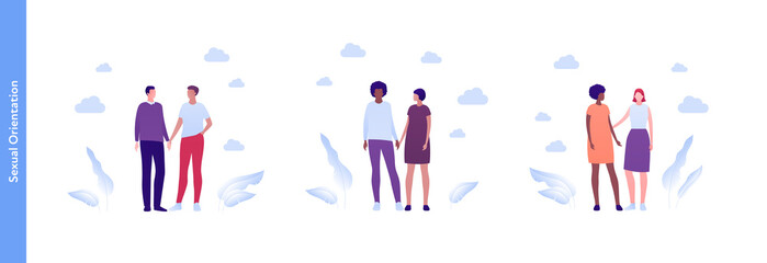 Inclusion and diveristy concept. Vector flat people multiracial character illustration. Happy male and female lgbtq couples holding hands. Homosexual relationship and friendship.