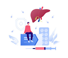 Liver disease, diagnosis and treatment concept. Vector flat people illustration. Male patient sit on box of pills. Syringe, vaccination and insulin treatment symbol. Design for health care.