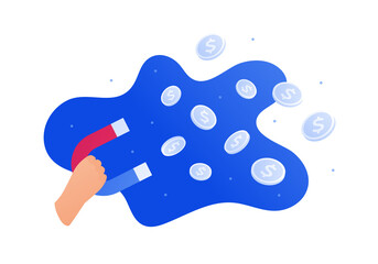 Business success, advertisment and smm concept. Vector flat illustration. Hand hold magnet to attract dollar coin money symbol. Design element.