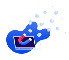 Business success, advertisment and smm concept. Vector flat illustration. Magnet on laptop screen attract dollar coin money symbol. Design element.
