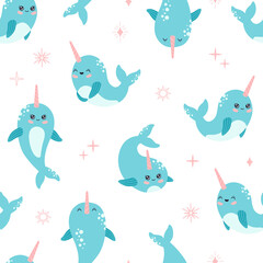 Kawaii smiling narwhal or unicorn seamless pattern, cute baby whale. Marine life, funny ocean animals with pink horn in pastel color, modern trendy vector illustration for wallpaper flat cartoon style