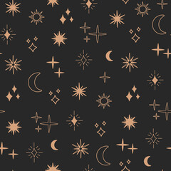 Boho astrology and star seamless pattern, magic celestial night concept, moon and sun objects, bohemian symbols. Gold line art, modern trendy vector illustration in doodle flat style, black background