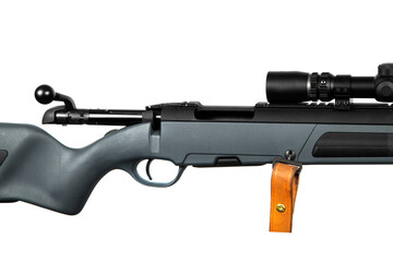 close-up isolate of bolt-action rifle on white background, bolt in rearward position