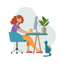 The girl at the computer with headphones at home. Vector illustration in flat style.