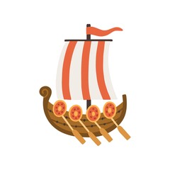 Old wooden ship with sail, flag and paddles. Ancient single-deck sea vessel. Colored flat vector illustration of medieval transport isolated on white background