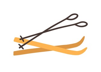 Pair of skis with sticks or poles isolated on white background. Winter sport equipment. Simple colored flat vector illustration