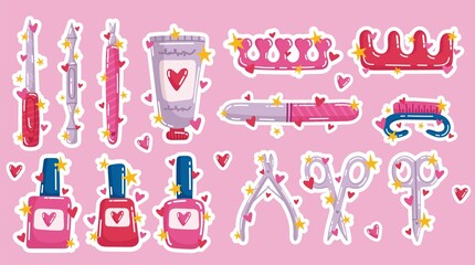 Set of manicure tools stickers. Pedicure equipment. Vector iilustration.