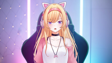 Cute blonde anime character vtuber with gaming headphones