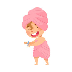 Smiling Girl with Her Hair Wrapped in Towel after Taking Bath Cutting Her Nails Vector Illustration