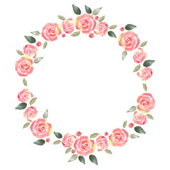 Watercolor floral wreath and bouquet frame illustration with pink rose flowers.
