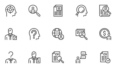Set of Vector Line Icons Related to Head Hunting. Job Interview, Resume, Human Resources Department. Editable Stroke. 48x48 Pixel Perfect.