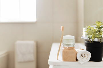 Fototapeta na wymiar Washbasin in bathroom, bath accessories. Household, hotel cleaning concept