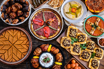 Many traditional foods on the table. Fasting time at the ramadan month. Prepared table for iftar 