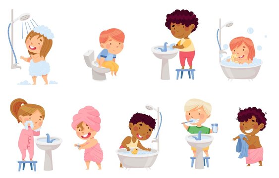 Little Kids Taking Bath, Brushing Teeth and Washing Hands and Face Vector Set