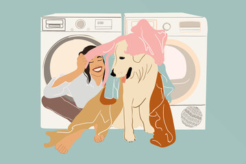 A smiling woman playing with dog and colored clothes near washing and drying machine. Housewife doing routine. Flat style. Vector illustration
