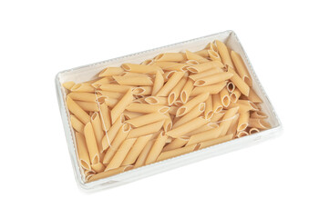 Penne pasta in a food delivery box. View from above. White background. Isolated.