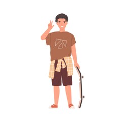 Portrait of happy teenager standing with skateboard, winking and showing V sign. Young skater in street-style clothes. Colored flat vector illustration of cool boy isolated on white background