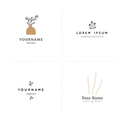 Set of hand drawn floral logo templates. Flowers and leaves, vector illustrations.