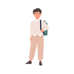 Portrait of happy smiling schoolboy with schoolbag. School boy standing in sneakers, trousers, shirt and sweater. Child in modern outfit. Colored flat vector illustration of kid isolated on white