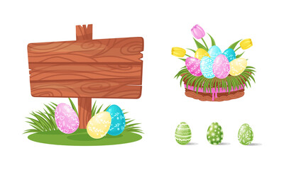 Decorated Easter Egg Rested in Nest and on Grass as Holiday Symbols Vector Set