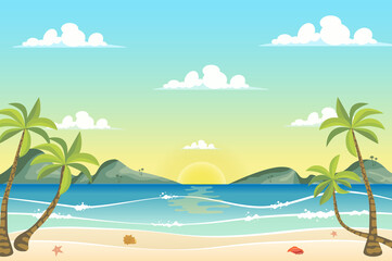 Obraz na płótnie Canvas Sunrise at seashore landscape background in flat cartoon style. Sea beach with palm trees, mountains on horizon. Paradise island vacation at ocean. Nature scenery. Vector illustration of web banner