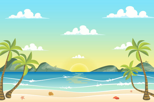 Sunrise at seashore landscape background in flat cartoon style. Sea beach with palm trees, mountains on horizon. Paradise island vacation at ocean. Nature scenery. Vector illustration of web banner