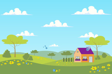 Obraz na płótnie Canvas Spring village with green meadow landscape background in flat cartoon style. House is in valley, garden trees, butterflies fly over wildflowers. Nature scenery. Vector illustration of web banner