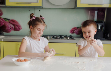 Obraz na płótnie Canvas beautiful young brother and sister messing around with dough in the kitchen while cooking. young mother's assistants